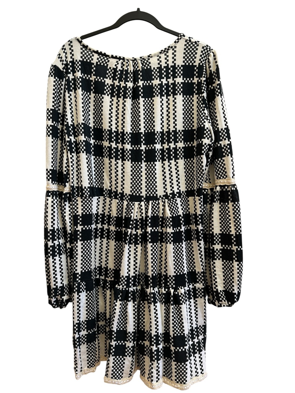 Ice Silk Boho Tiered Mini Dress Black Cream Plaid Crochet Trim 2XL NWT Babydoll - Picture 3 of 8
